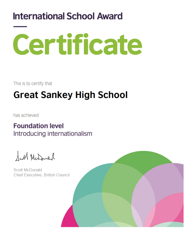 Image of Great Sankey High School Receives International School Award Foundation Certificate